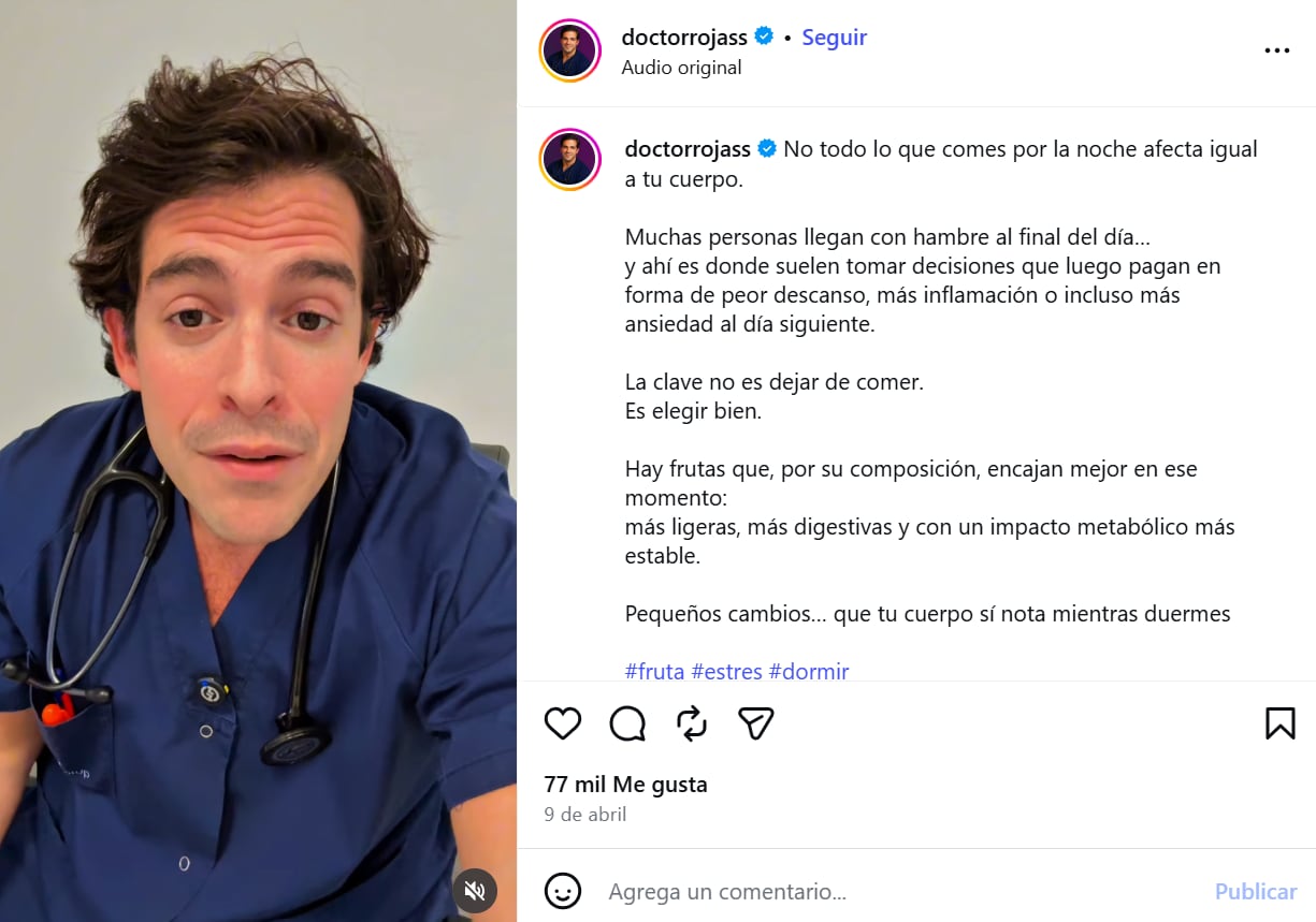 Qué tener en cuenta al consumir frutas en la cena, según el cardiólogo (Captura: Instagram @doctorrojass)