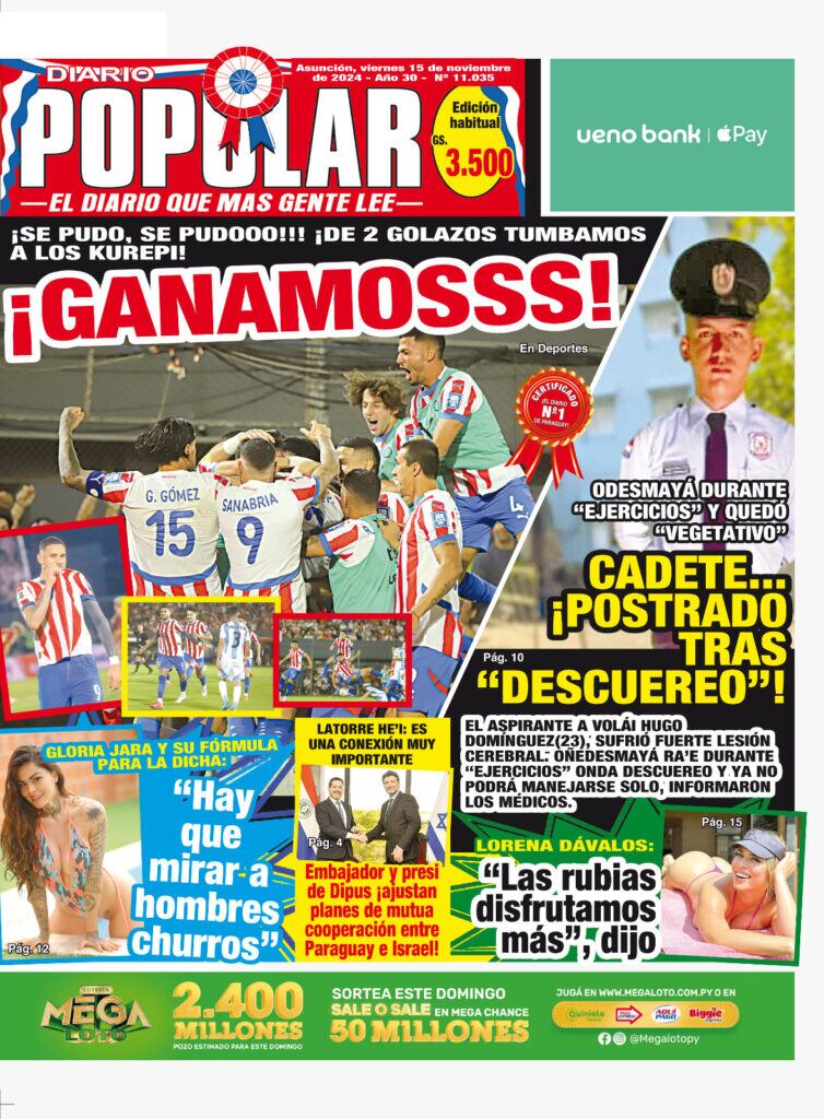 Portada del diario Popular luego del triunfo de Paraguay ante la selección argentina