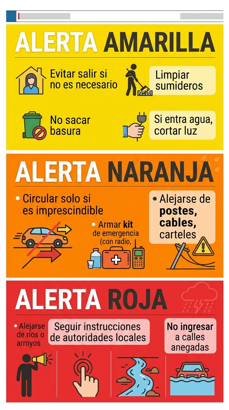 Las tres alertas a las que hay que prestar atención en caso de tormentas fuertes. Fuente: Imagen generada con IA.