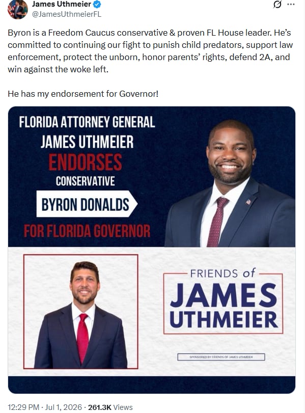 El fiscal general de Florida, James Uthmeier, elogió el liderazgo conservador de Donalds y su compromiso con el avance de la agenda