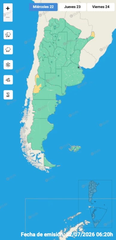 El mapa de alertas del SMN para este miércoles
