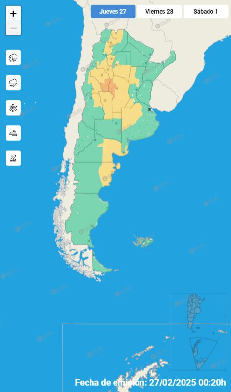 Mapa de alerta por tormentas para el jueves 27 de febrero