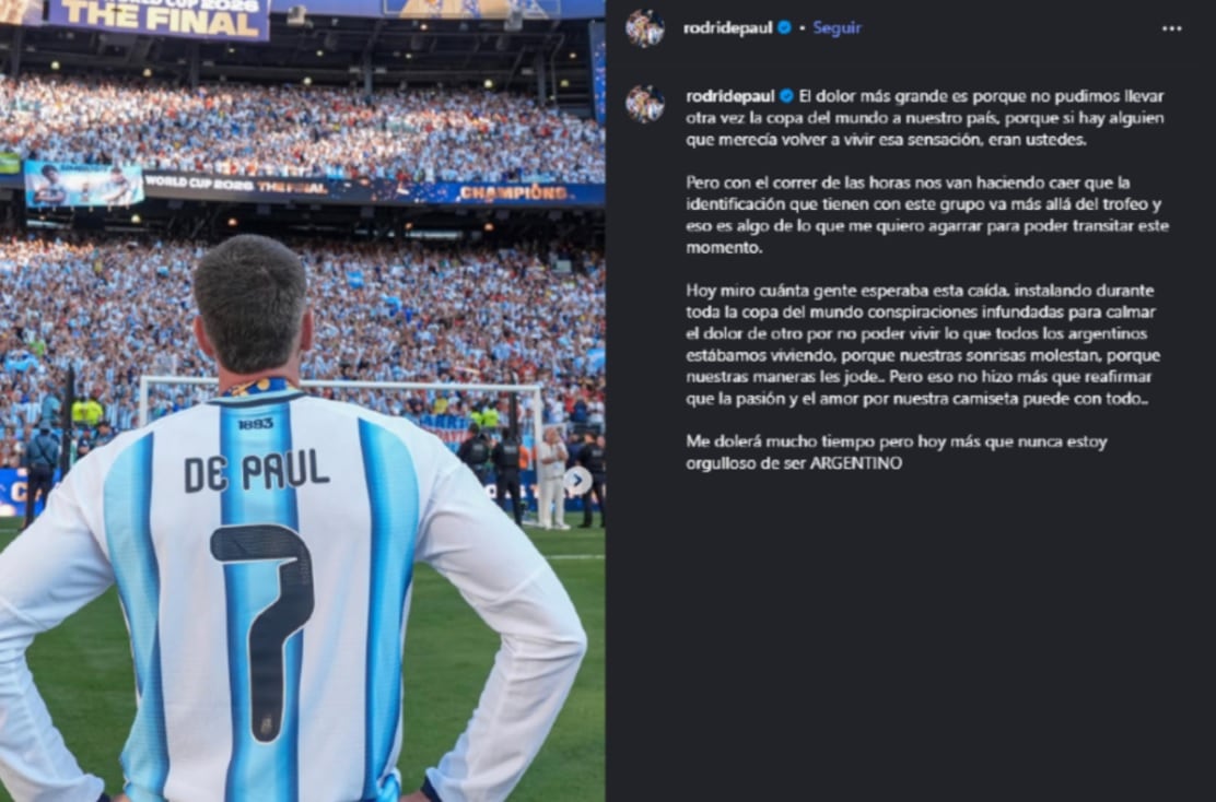 El contundente posteo de De Paul, con dardos a los críticos de la selección y dolor por la derrota