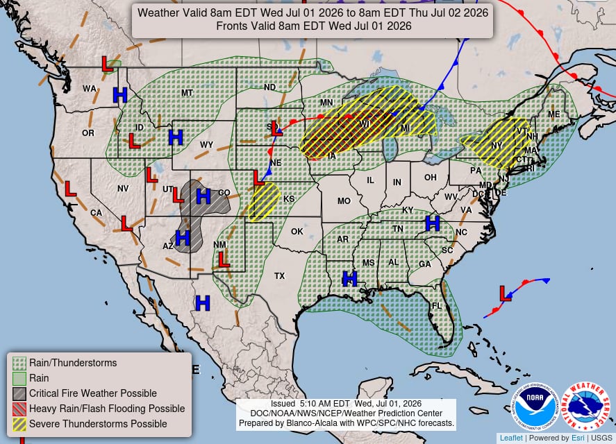 ectores del Noreste se encuentran bajo riesgo leve de tormentas severas este miércoles, donde la inestabilidad atmosférica favorecerá el desarrollo de células tormentosas capaces de producir vientos dañinos