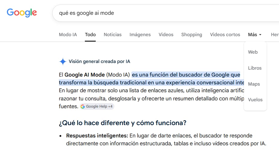 La opción Web, en el menú Más, debajo de la caja de búsqueda (en la imagen, arriba a la derecha) permite ver las respuestas de Google sin el Modo IA