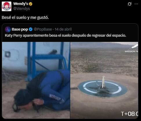 Uno de los comentarios irónicos que lanzó la cadena de comida rápida hacia Katy Perry (X: @Wendys)