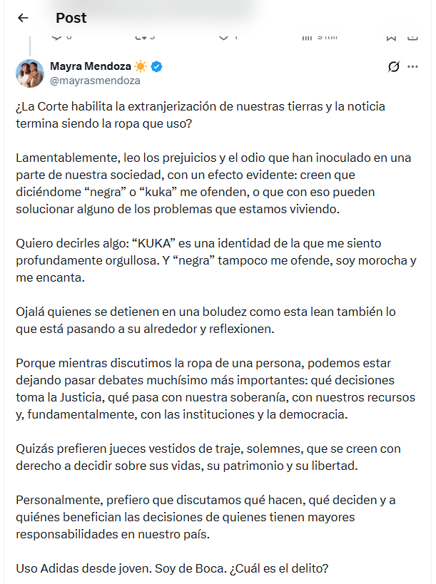 La publicación de Mayra Mendoza en X