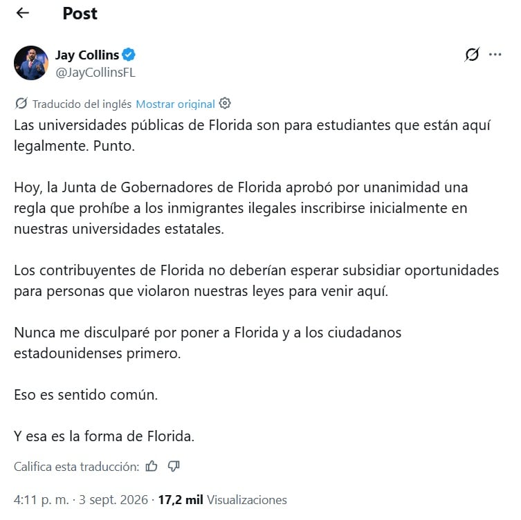 Tras la votación, el vicegobernador Jay Collins afirmó que la norma era de