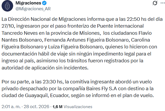 El comunicado de Migraciones tras la huida de Flavio Bolsonaro desde Puerto Iguazú a Estados Unidos