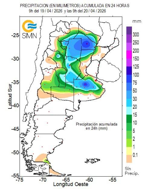 “Los días no acompañan”: las lluvias no dan tregua y los productores no pueden acelerar la cosecha de soja 8 Mapa de precipitaciones de las ultimas 24 horas, hasta las 9 AM