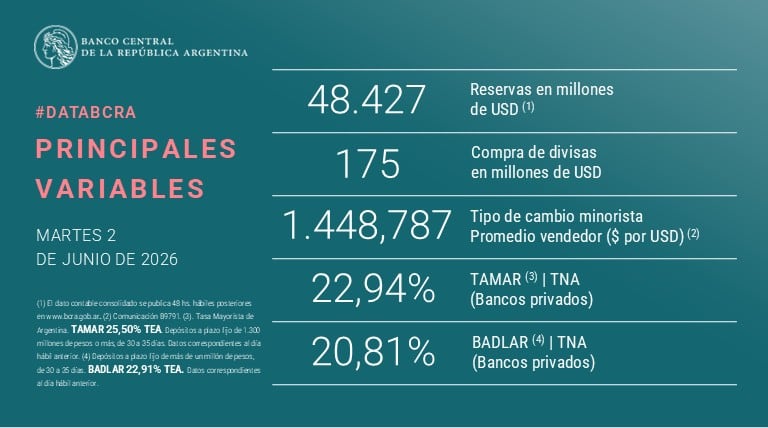 Las principales variables del martes 2 de junio Foto: BCRA
