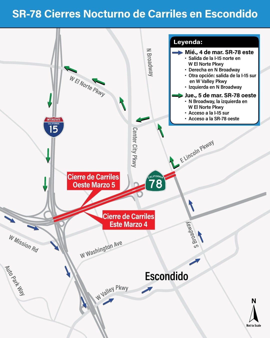 Caltrans cerrará todos los carriles de la Ruta Estatal 78 entre la Interestatal 15 y North Broadway en Escondido el miércoles 4 y el jueves 5 de marzo, de 22 a 5 hs