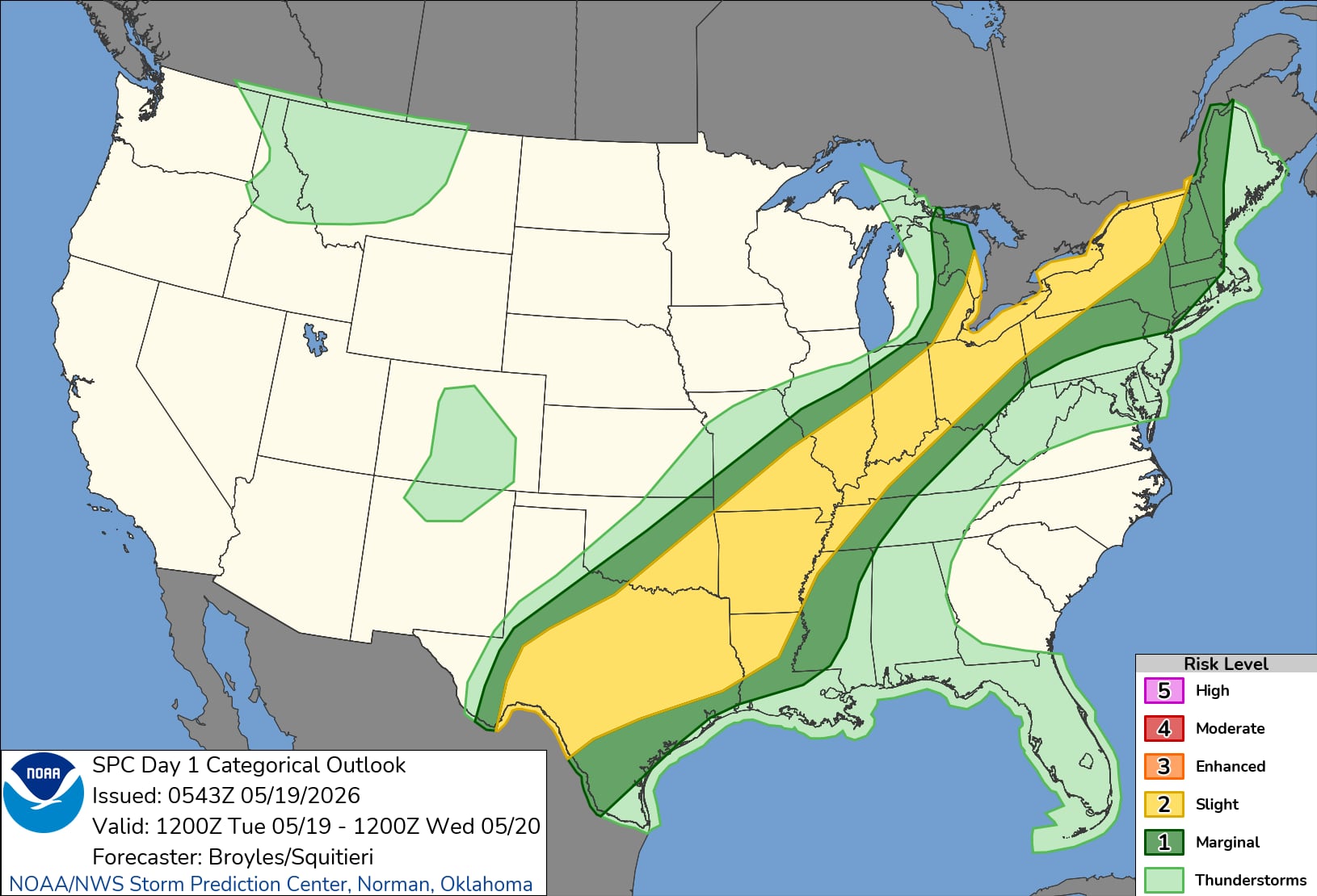 El Centro de Predicción de Tormentas (SPC) activó el nivel de riesgo amarillo desde el sur de las Grandes Llanuras hasta los Grandes Lagos debido a la intensa inestabilidad del aire