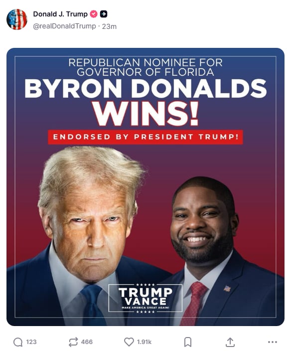 Donald Trump celebró el triunfo de Byron Donalds