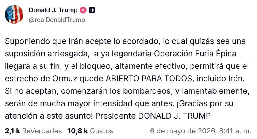 Nueva amenaza de Trump en Truth Social: