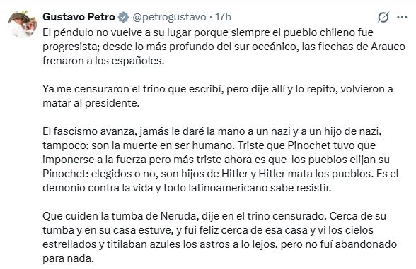 Gustavo Petro publicó en X contra Kast