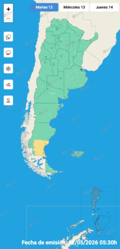 Hay alerta amarilla por vientos intensos y nevadas para este martes 12 de mayo: las provincias afectadas 6 El mapa de alertas del SMN para la jornada