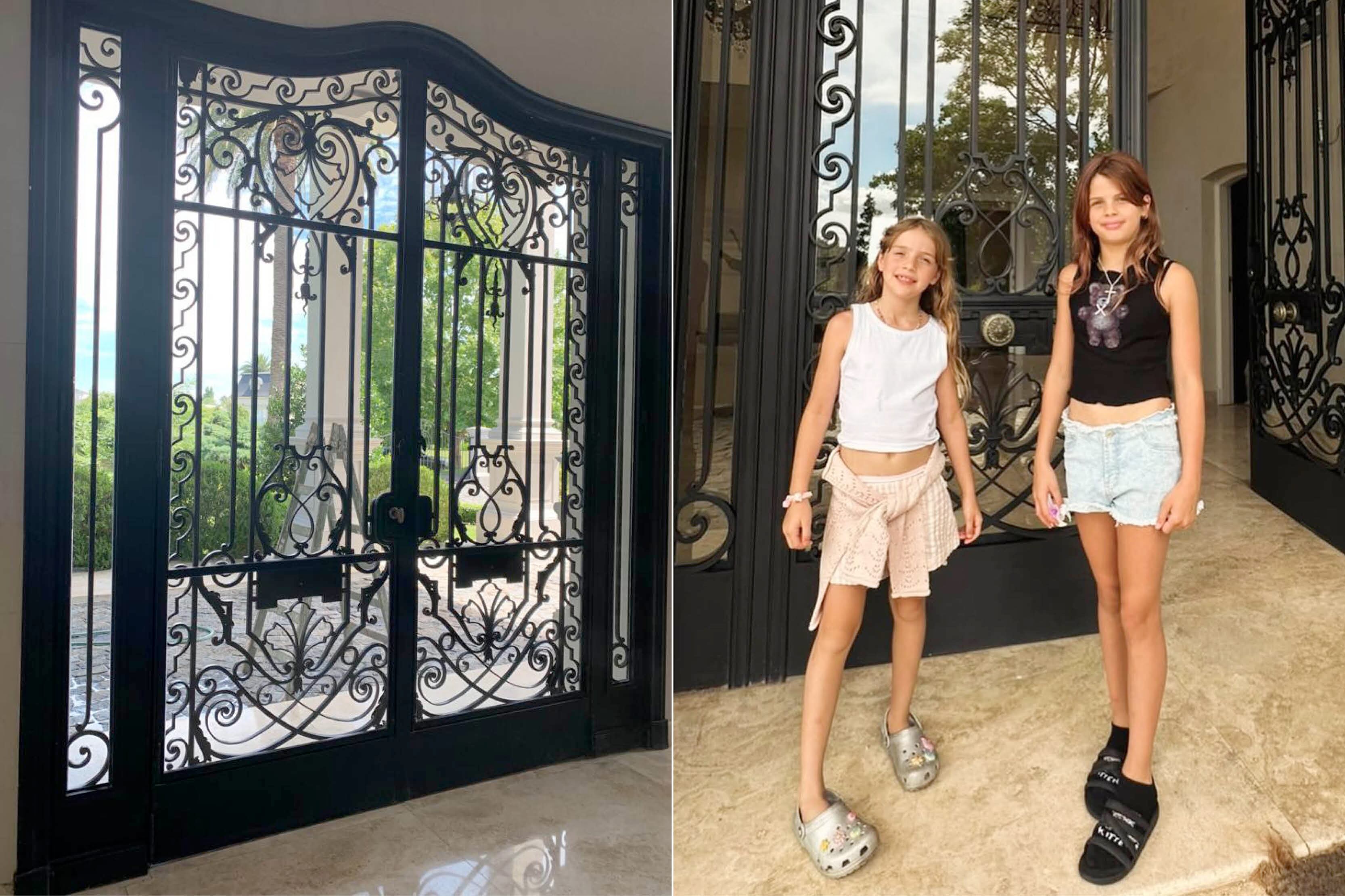 A la izquierda se puede ver una imagen de la puerta principal, y a la derecha una foto que el futbolista compartió de sus hijas frente a la misma puerta en las redes