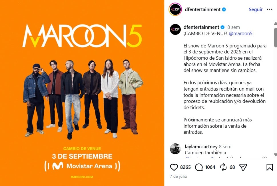 Maroon 5 se presentará, finalmente, en el Movistar Arena