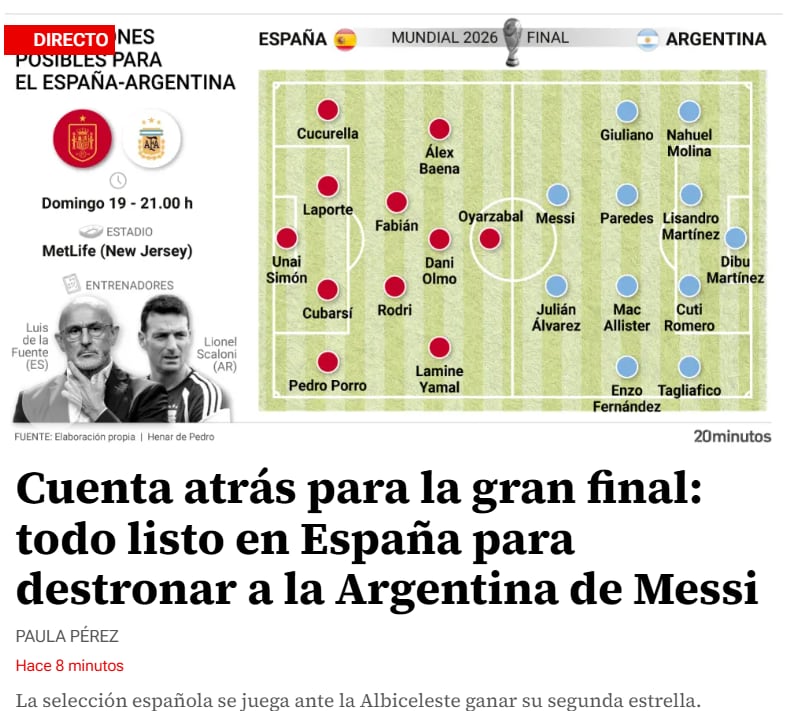 El título de 20 MInutos sobre la final del Mundial 2026