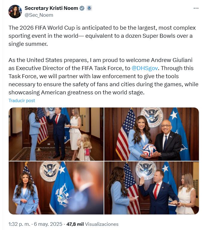 Kristi Noem, secretaria de Seguridad Nacional de los Estados Unidos, también celebró el nuevo puesto de Andrew Giuliani