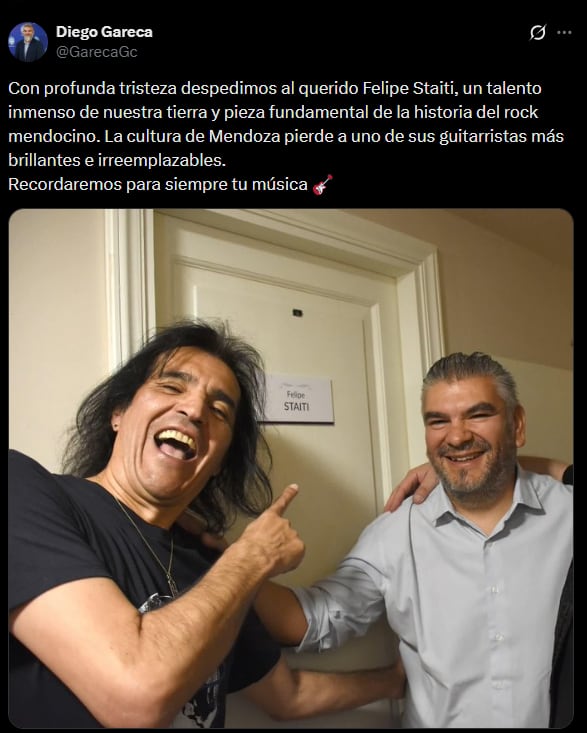 El mensaje del secretario de Cultura de Mendoza, donde confirmó la muerte de Felipe Staiti