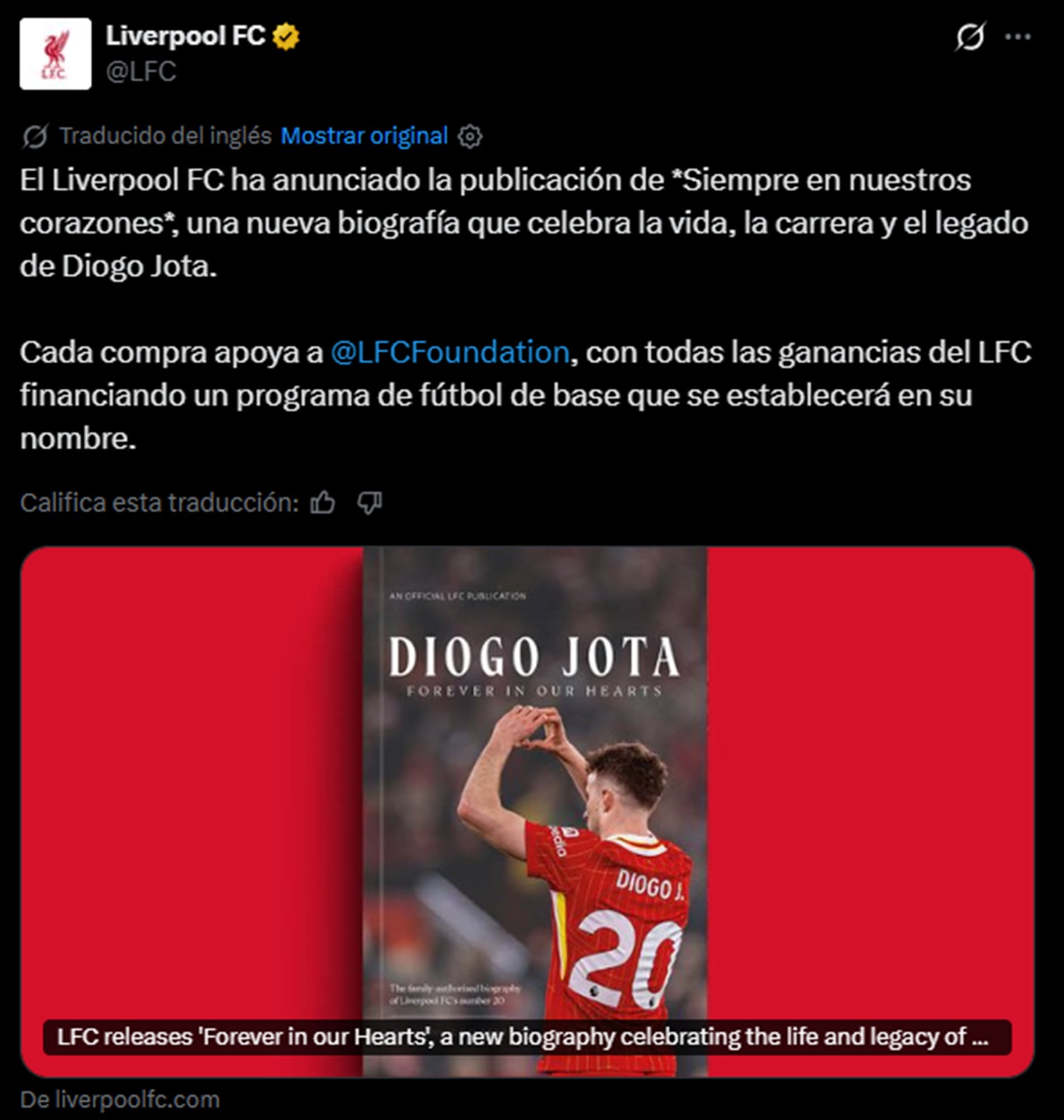 Liverpool confirmó que todas las ganancias financiarán un programa de fútbol de base en nombre de Diogo Jota