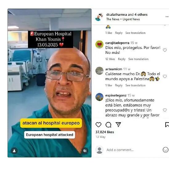 Alathamna es anestesiólogo y terapista intensivo. En sus redes sociales compartió el momento en el que fue bombardeado el Hospital Europeo, donde trabajaba