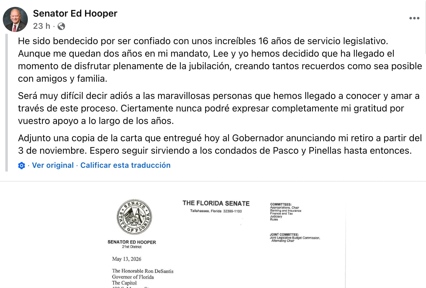El anuncio del senador Ed Hooper