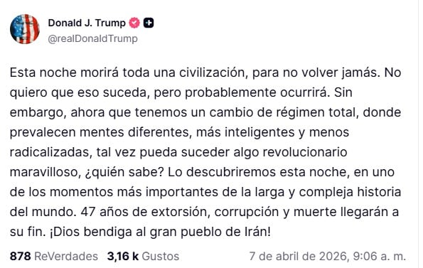 Mensaje de Trump antes de que venza el ultimátum a Irán