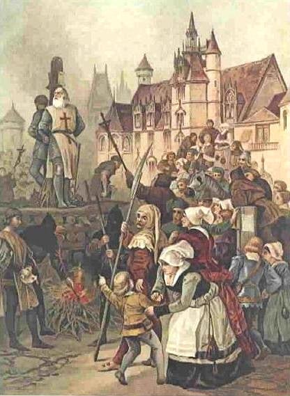 La ejecución en la hoguera de Jacques de Molay, el Gran Maestre de la Orden Templaria que había sido detenido el viernes 13 de octubre de 1307 por el Rey Felipe IV de Francia