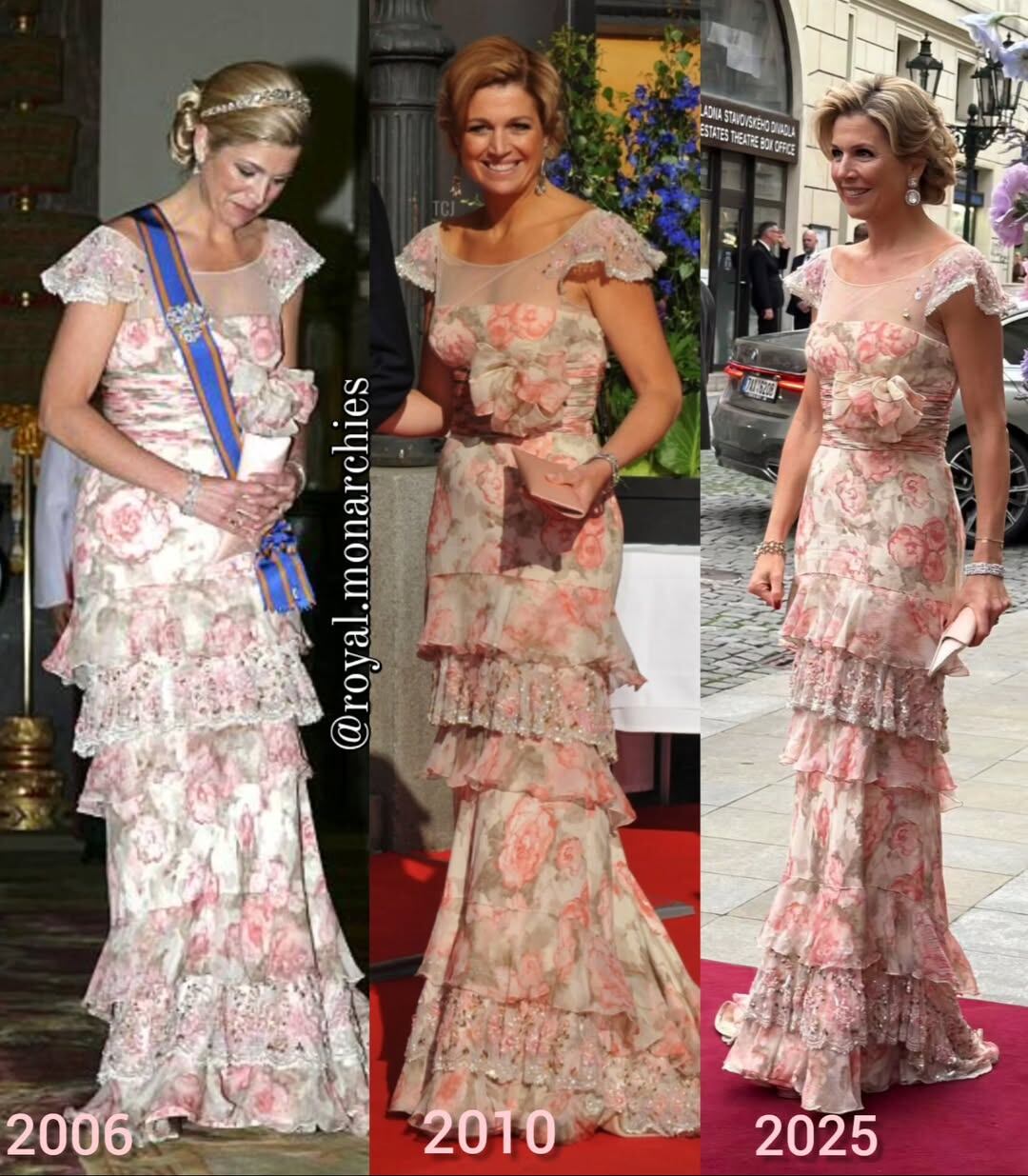 Máxima Zorreguieta utilizó el diseño de Valentino en 2006, 2010 y 2025 (Foto: Instagram @royal.monarchies)