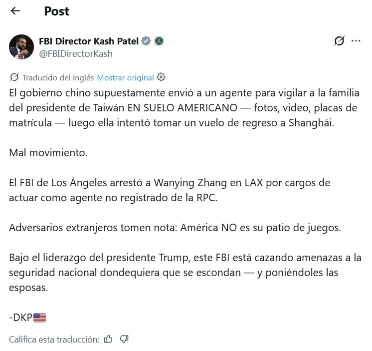 El director del FBI anunció el arresto de una acusada de espionaje para el gobierno chino en California