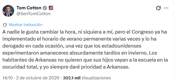 Tom Cotton respondió a través de X y argumentó que la experiencia histórica demuestra que mantener el horario de verano permanente provoca amaneceres demasiado tardíos en invierno