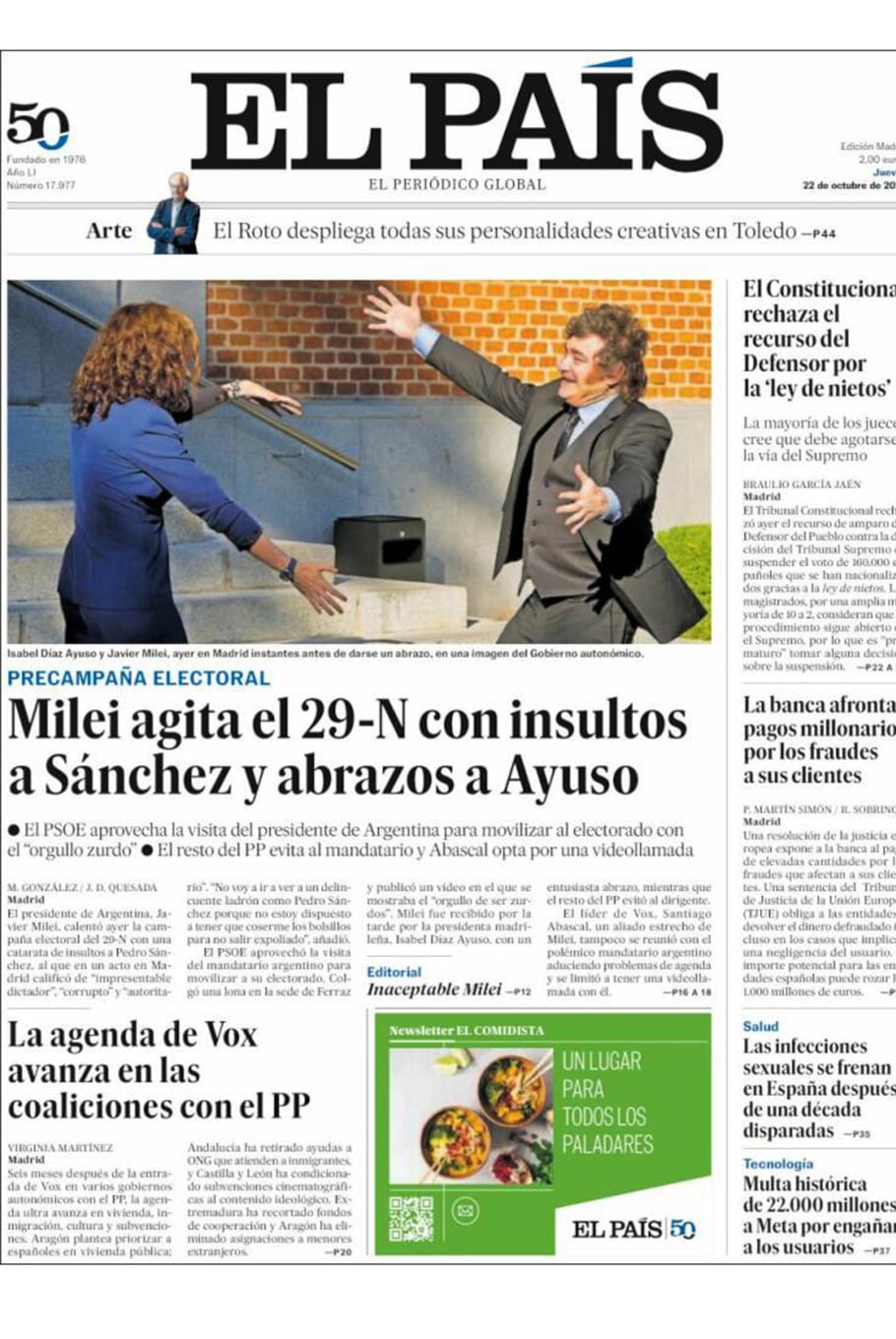 Así reflejaron los diarios españoles la visita de Javier Milei