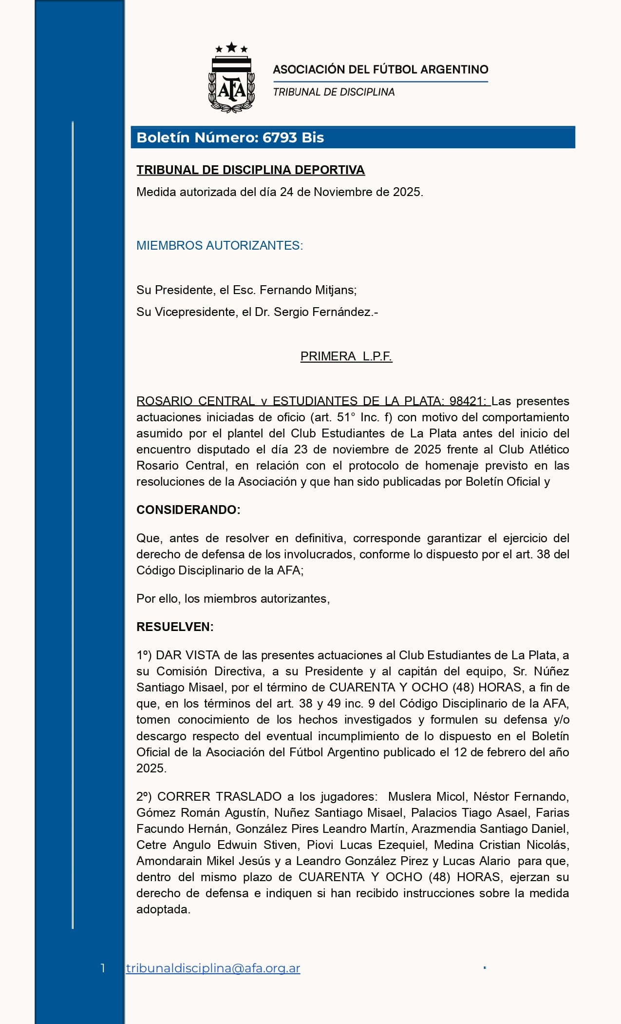 El expediente disciplinario de la AFA iniciado a Estudiantes y a sus jugadores