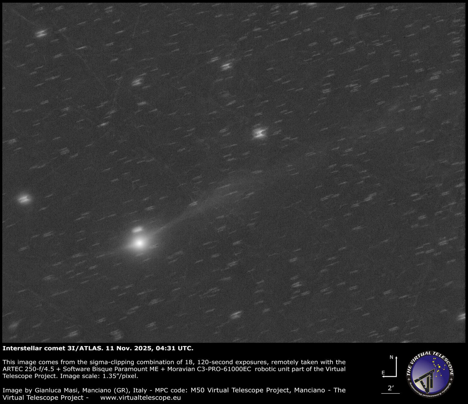 Imagen del cometa 3I/ATLAS tomada el 11 de noviembre, donde se puede ver la cola extendida a lo largo de su trayecto