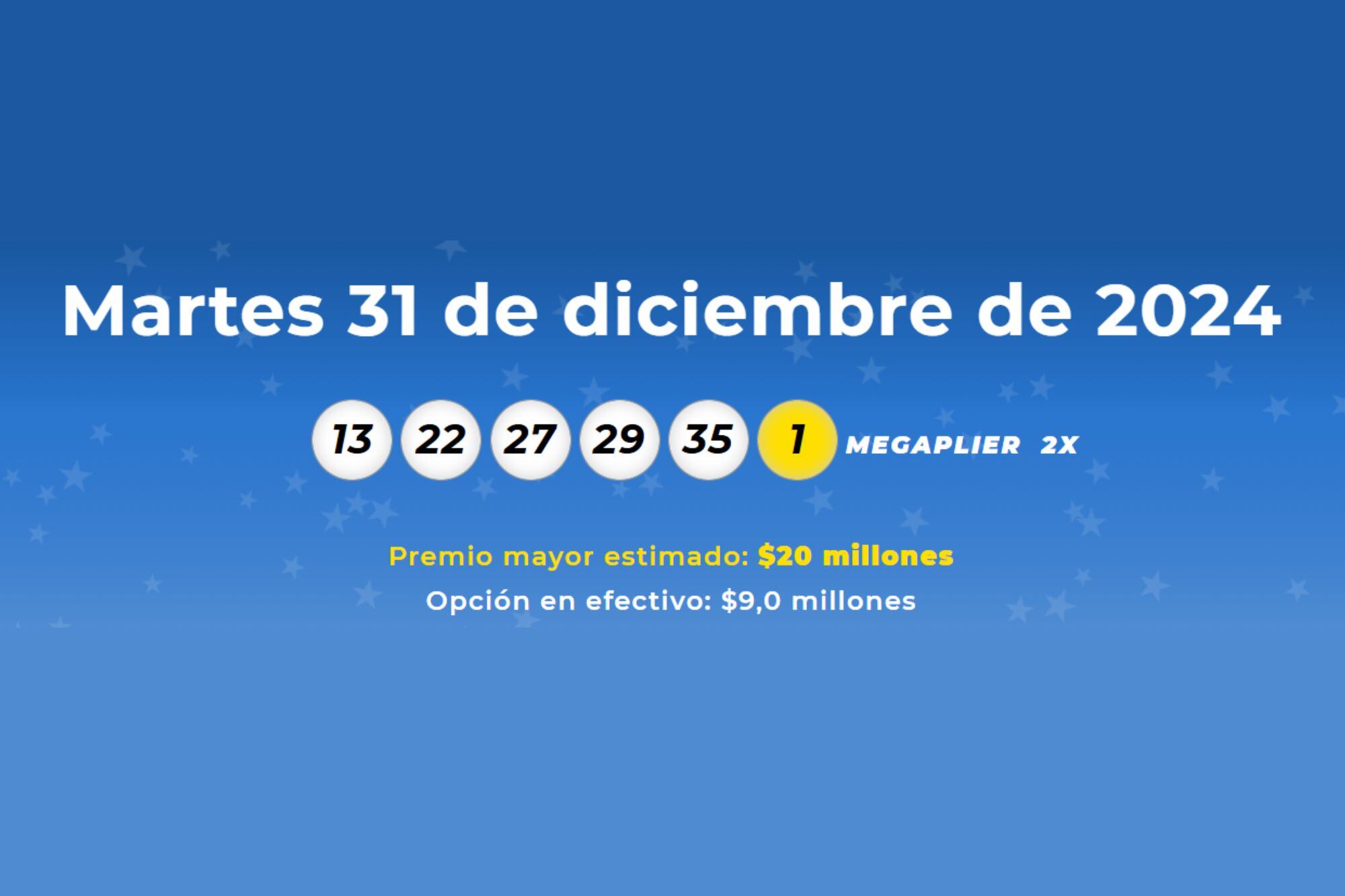 Los números ganadores del sorteo de Mega Millions del 31 de diciembre fueron 13, 22, 27, 29, 35 y la Mega Ball 1 (Mega Millions)