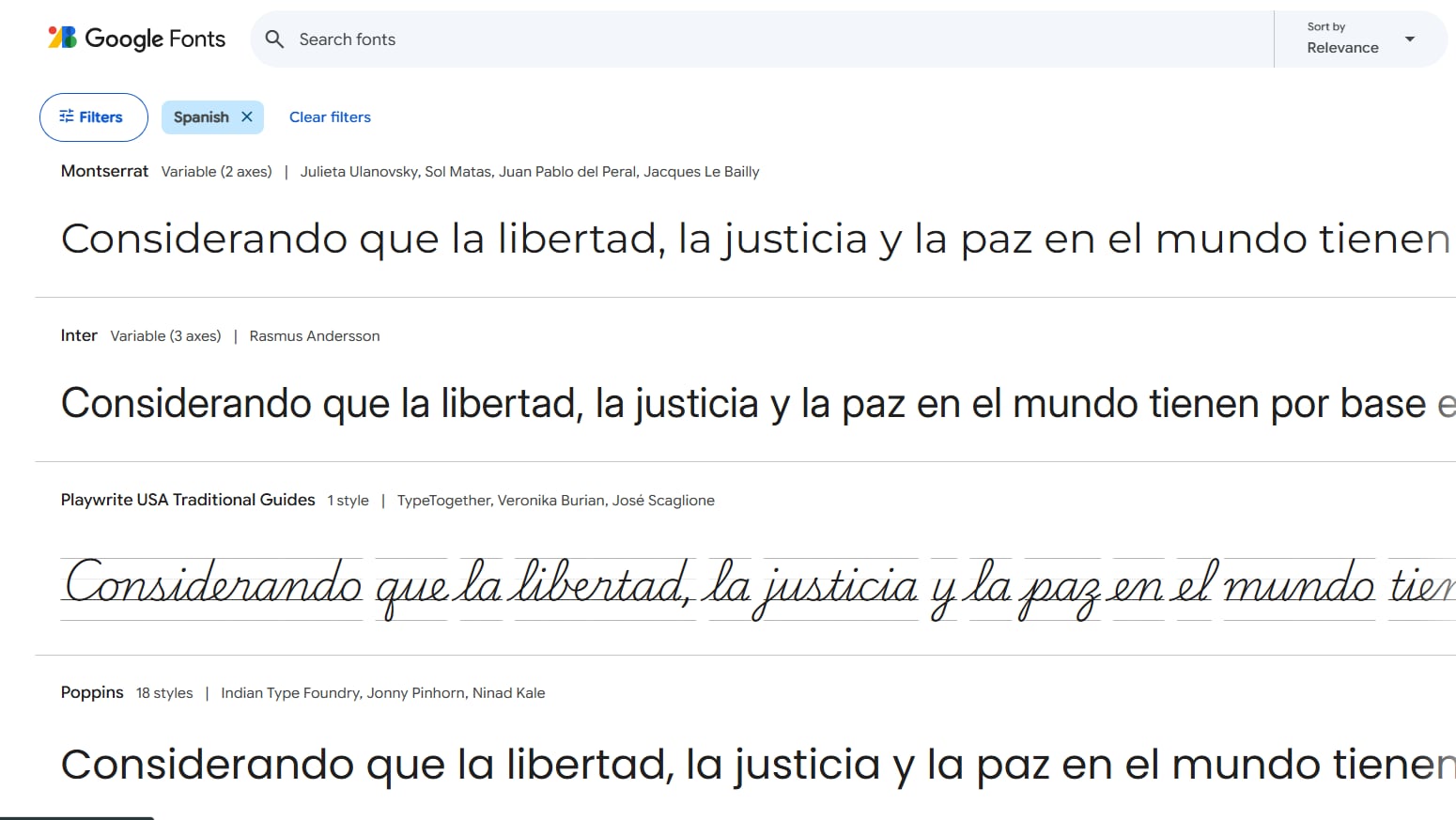 Cada tipografía transmite un mensaje gráfico levemente diferente; aquí, cuatro ejemplos en Google Fonts, uno de los mayores repositorios de tipografías digitales