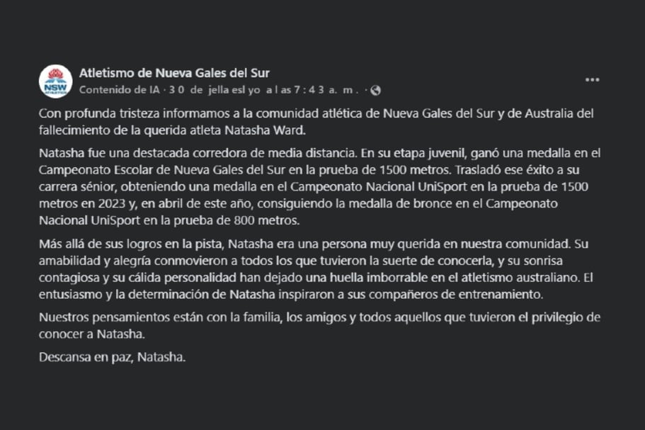 La noticia del fallecimiento de Ward fue confirmada por la Federación de Atletismo de Nueva Gales del Sur (NSW), que despidió a través de un comunicado