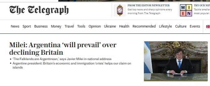 La portada de The Telegraph sobre el discurso de Milei