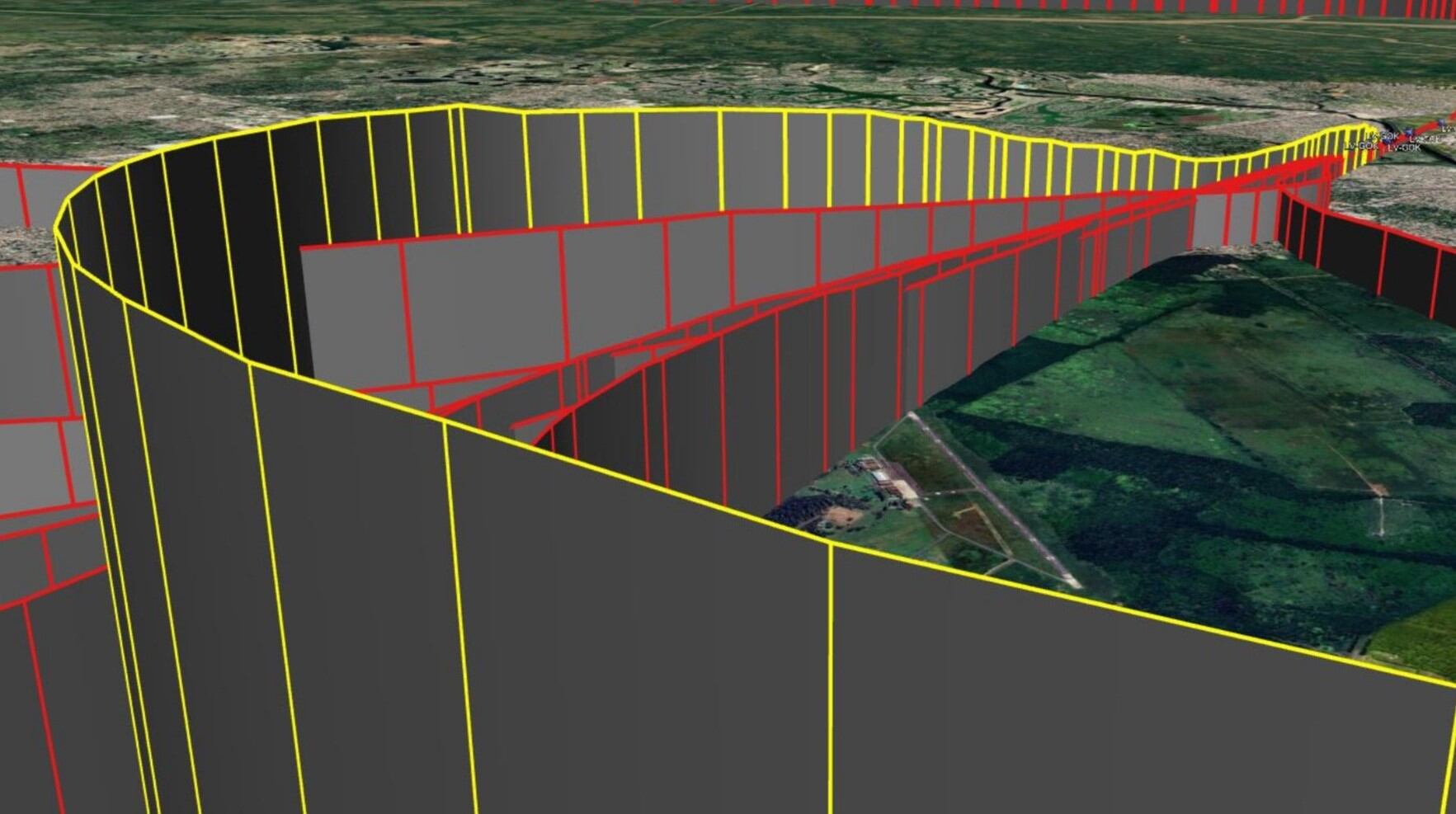 La trayectoria del vuelo accidentado (en color amarillo) mostró diferencias significativas en comparación con las últimas 10 aproximaciones a la pista 05 realizadas por la aeronave LV-GOK (en perspectiva)