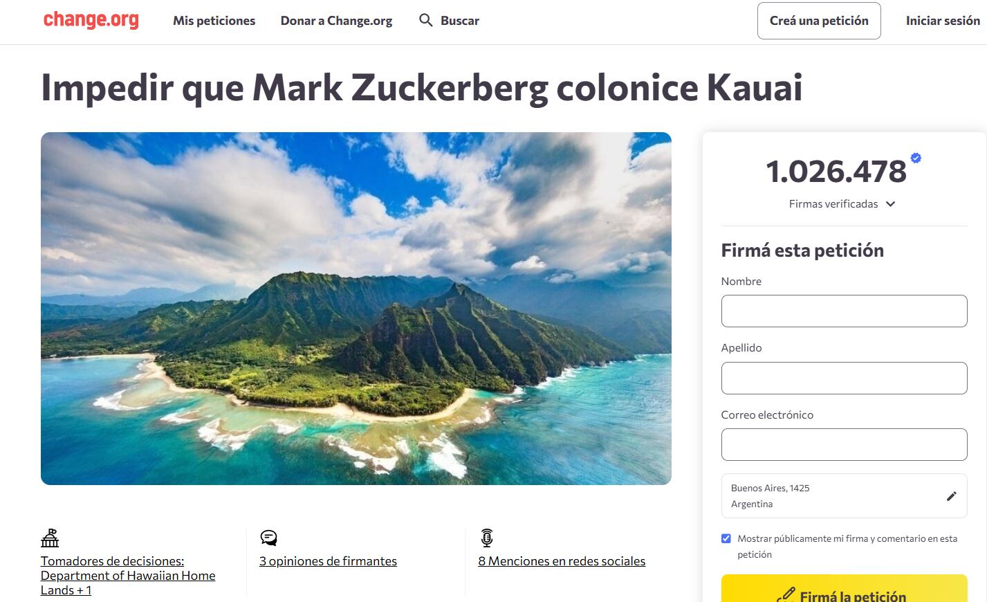 La petición en Change.org cuenta con más de un millón de firmas