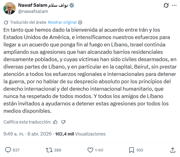El recamo de Nawaf Salam a Israel en X