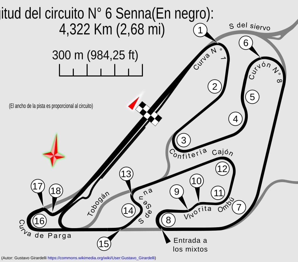 El Circuito N.º 6 del Autódromo de Buenos Aires, el trazado elegido para los Grandes Premios de Fórmula 1 disputados entre 1995 y 1998 (Wikipedia)