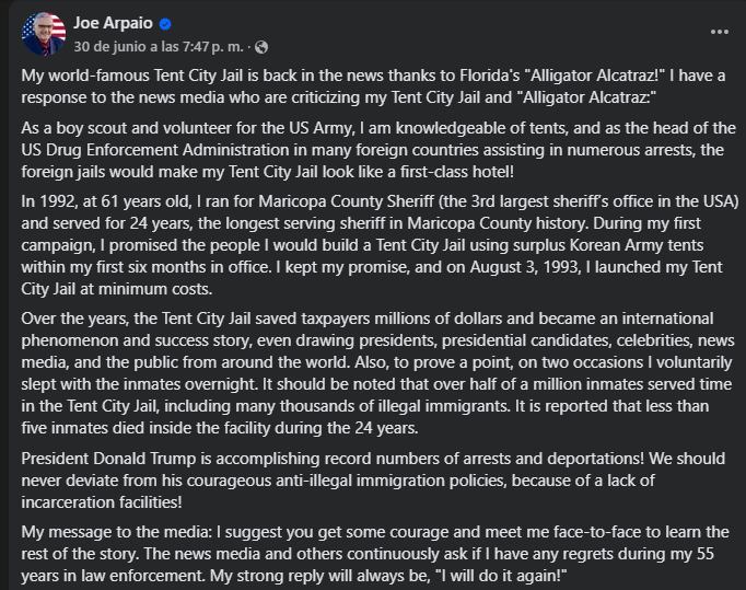 La defensa del exsheriff Joe Arpaio a su cárcel a cielo abierto de Arizona, ahora que lo comparan con lo que ocurre en Florida