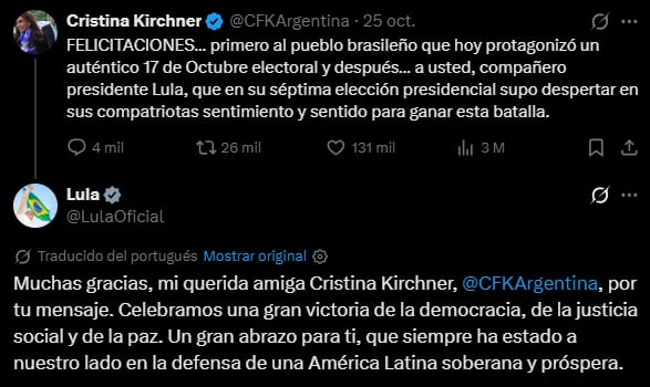 El mensaje de Cristina Kirchner para Lula da Silva tras la victoria en los comicios