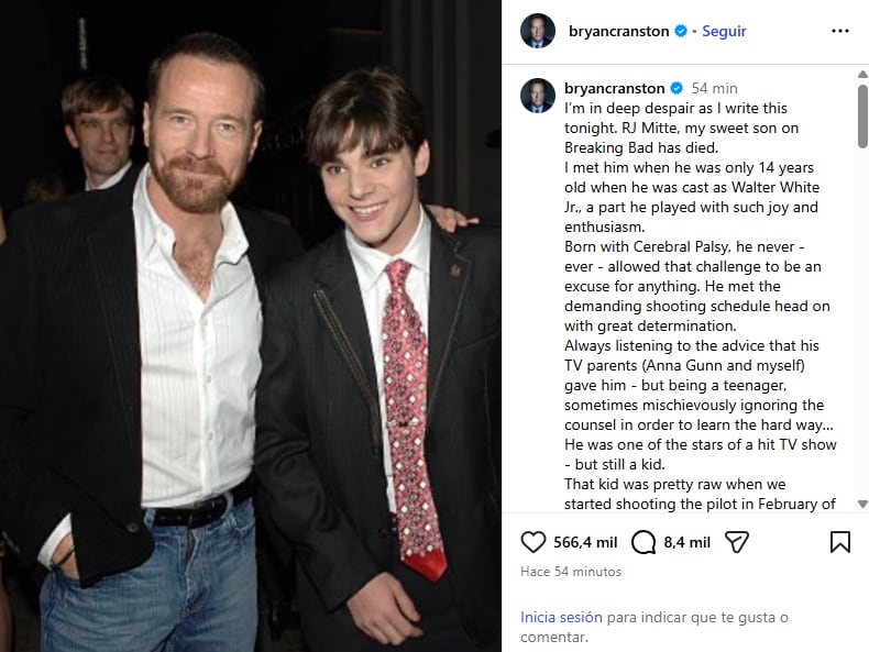 La emotiva despedida de Bryan Cranston a RJ Mitte, su hijo en la serie Breaking Bad: “Te extrañaré” 6 El último adiós de Cranston a Mitte