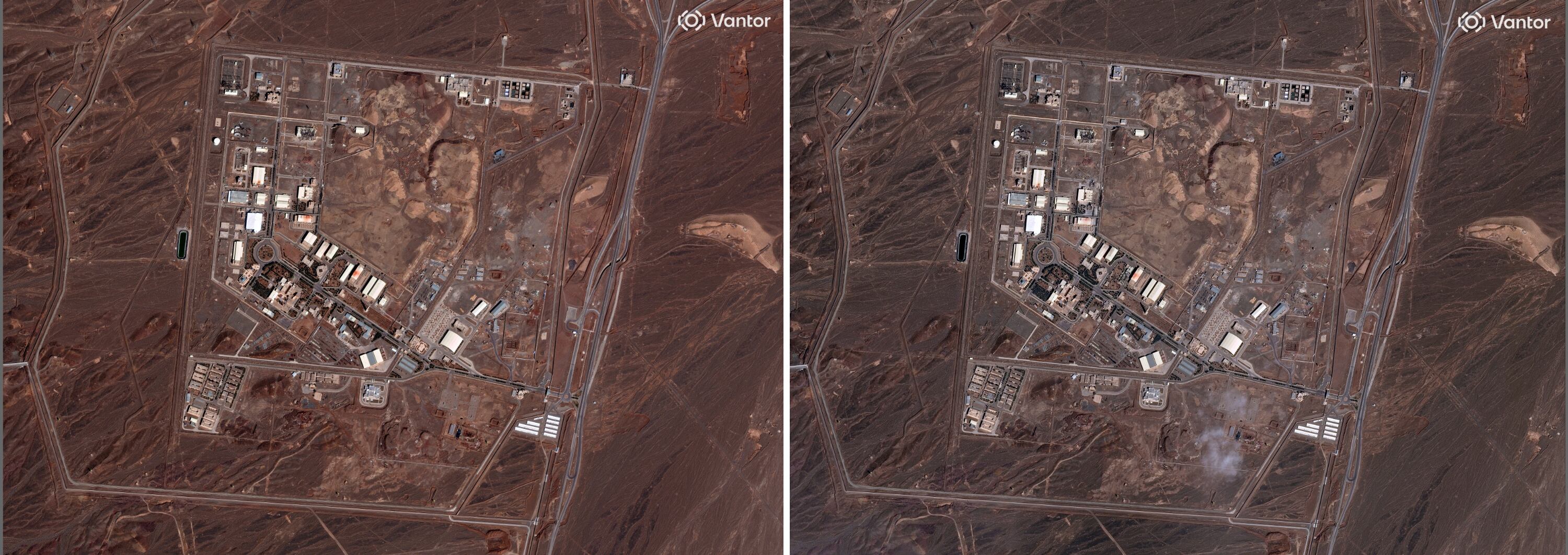 En esta combinación de imágenes satelitales proporcionadas por Vantor se muestra una vista de la instalación nuclear de Natanz antes, izquierda, y con daños, el lunes 2 de marzo de 2026 en Irán (Imagen satelital ©2026 Vantor vía AP)