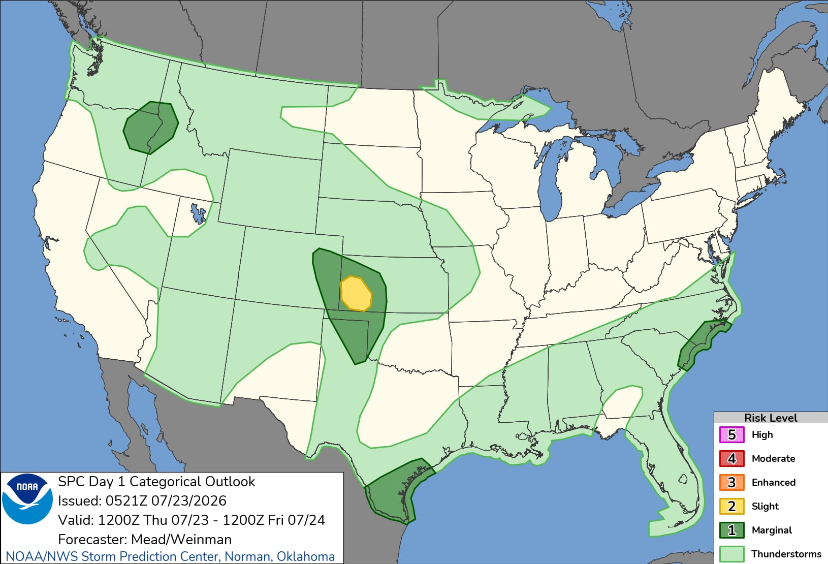El Centro de Predicción de Tormentas indicó un riesgo leve de ráfagas dañinas, vientos fuertes y caída de granizo grande en zonas de Kansas, Colorado, Oklahoma y Texas